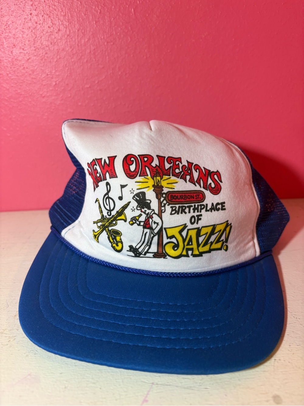 J Hats VINTAGE New Orleans Birthplace of Jazz Trucker Hat GUC White Blue Bourbon
